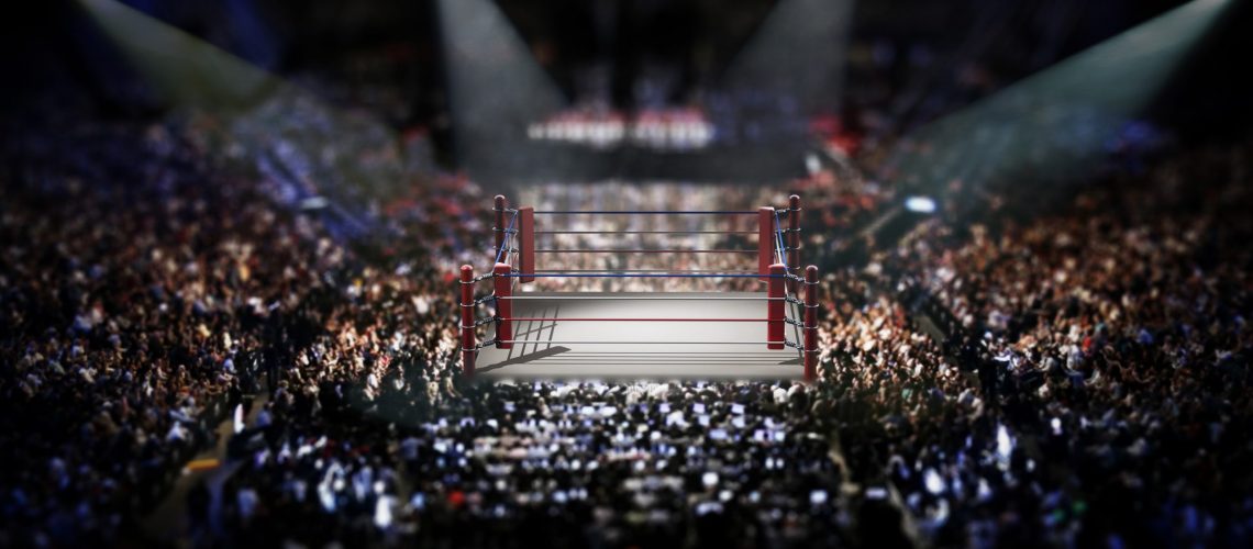 Empty,Boxing,Ring,Surrounded,With,Spectators.,3d,Illustration.